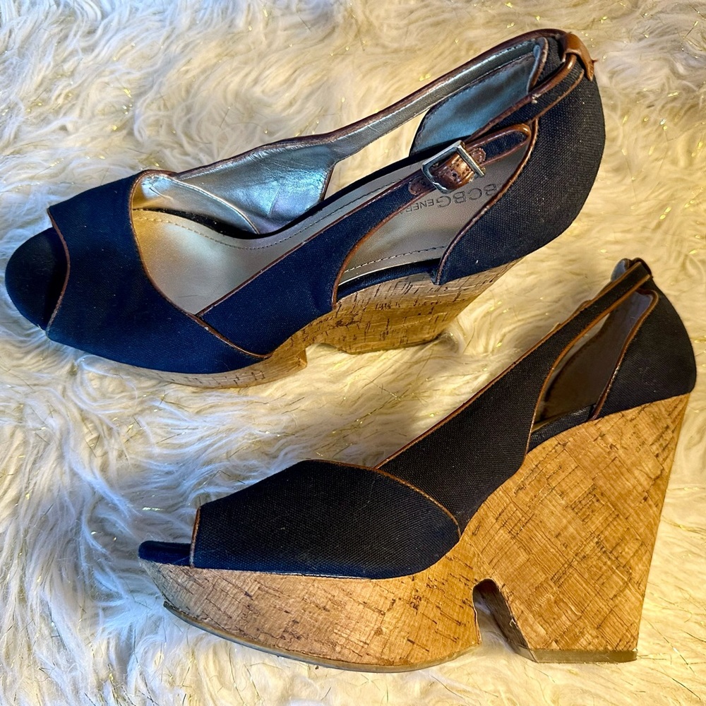 BCBGeneration Denim Wedge Heels Size 10 Peep Toe Slingback Platform Cork Sole